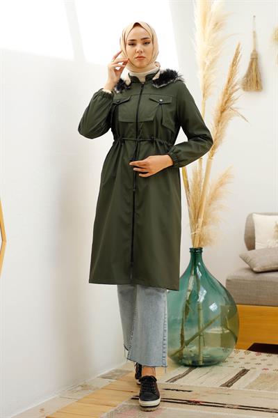 Kesik Ön Cep Detay İçi Kürklü Kaban - Haki