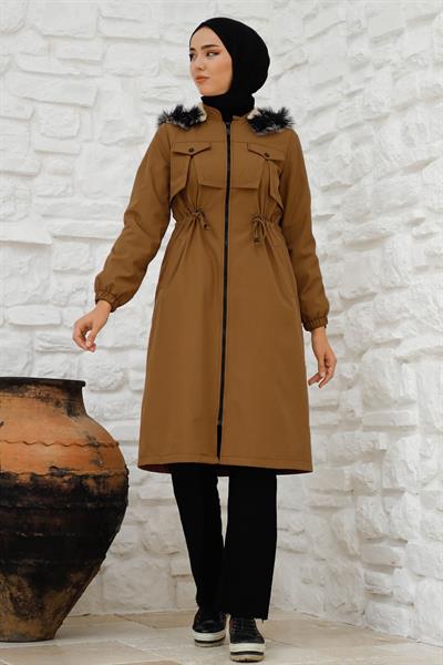 Kesik Ön Cep Detay İçi Kürklü Kaban - Kahverengi