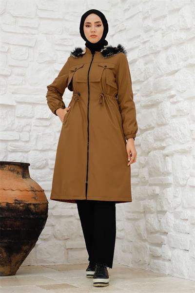 Kesik Ön Cep Detay İçi Kürklü Kaban - Kahverengi