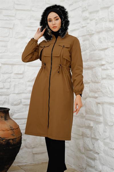 Kesik Ön Cep Detay İçi Kürklü Kaban - Kahverengi