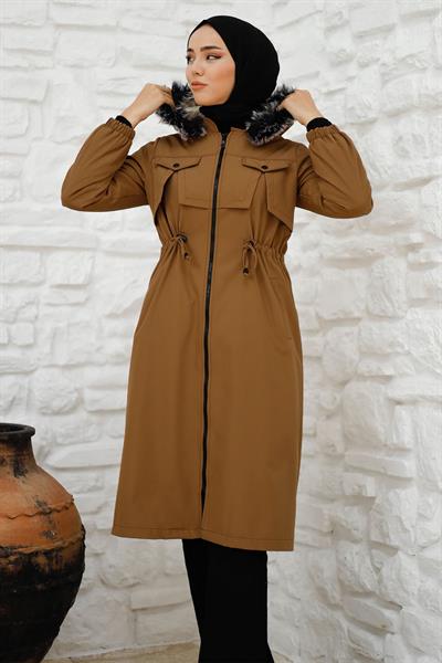 Kesik Ön Cep Detay İçi Kürklü Kaban - Kahverengi