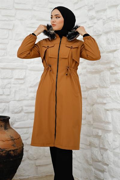 Kesik Ön Cep Detay İçi Kürklü Kaban - Taba