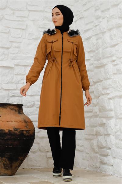 Kesik Ön Cep Detay İçi Kürklü Kaban - Taba