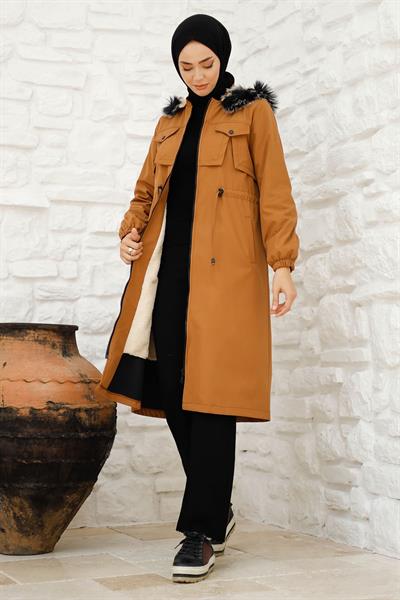 Kesik Ön Cep Detay İçi Kürklü Kaban - Taba