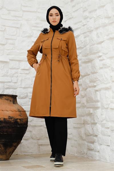 Kesik Ön Cep Detay İçi Kürklü Kaban - Taba