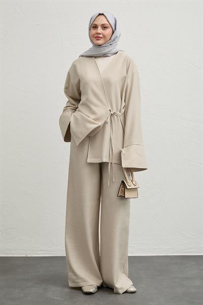 Keten Kimono İkili Bej Takım