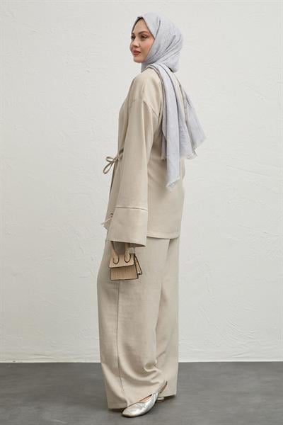 Keten Kimono İkili Bej Takım