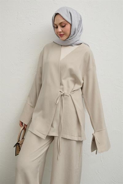Keten Kimono İkili Bej Takım