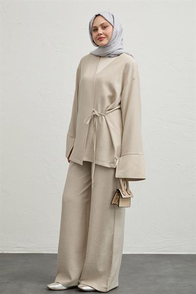 Keten Kimono İkili Bej Takım