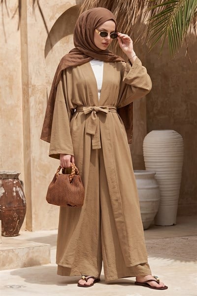 Kimono Pantolonlu Camel Takım