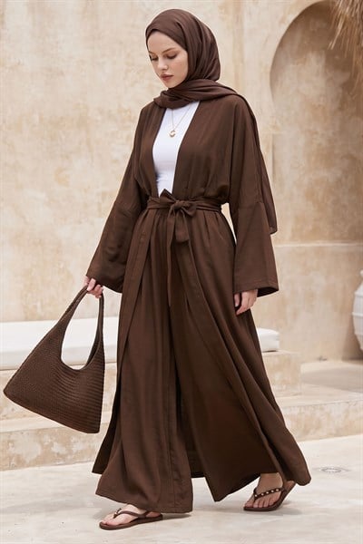 Kimono Pantolonlu Kahve Takım