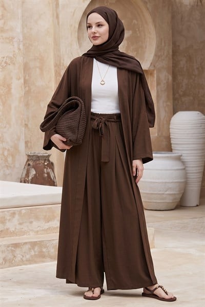 Kimono Pantolonlu Kahve Takım