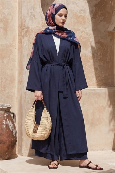 Kimono Pantolonlu Lacivert Takım