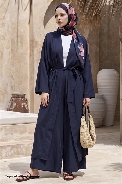 Kimono Pantolonlu Lacivert Takım