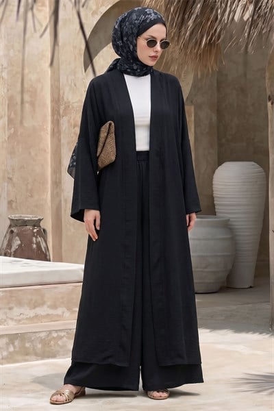 Kimono Pantolonlu Siyah Takım