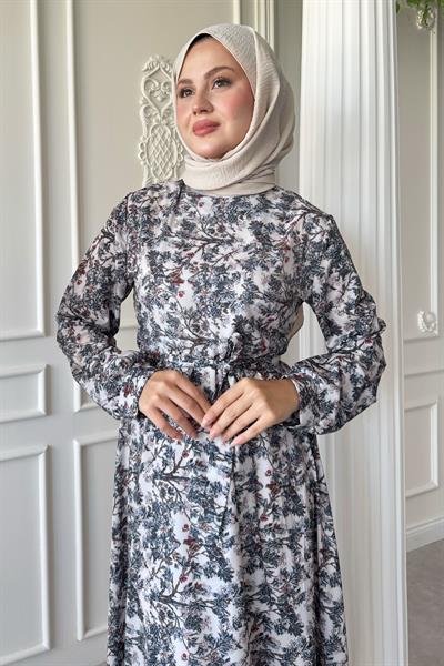 Kır Çiçeği Gri Saten Elbise