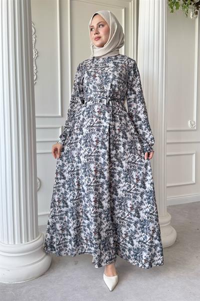 Kır Çiçeği Gri Saten Elbise