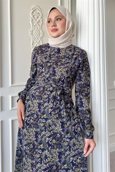 Kır Çiçeği Lacivert Saten Elbise