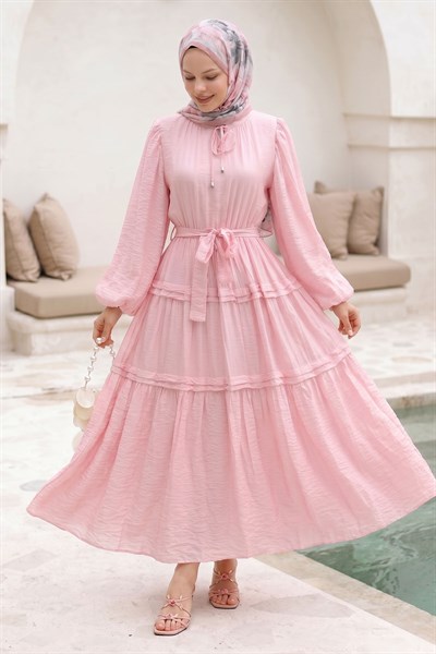 Kırışık Desen Bağcıklı Pembe Elbise