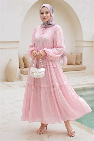 Kırışık Desen Bağcıklı Pembe Elbise
