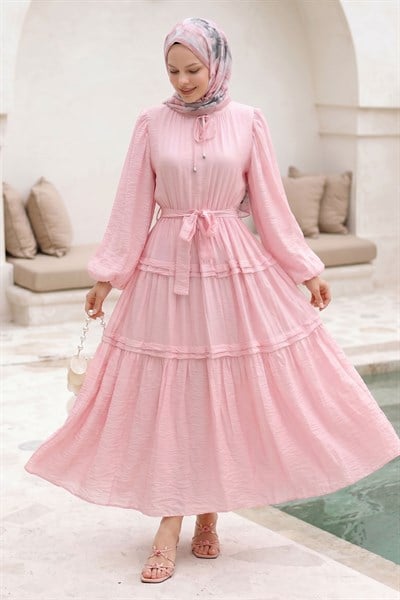 Kırışık Desen Bağcıklı Pembe Elbise