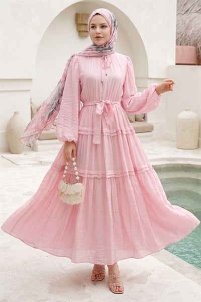 Kırışık Desen Bağcıklı Pembe Elbise
