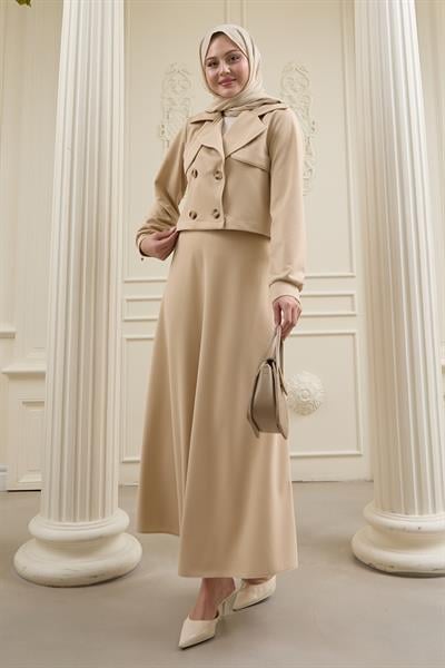 Kısa Bolerolu Etekli Bej Scuba Takım
