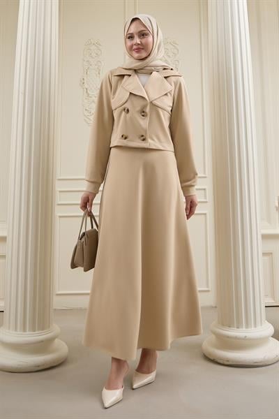 Kısa Bolerolu Etekli Bej Scuba Takım