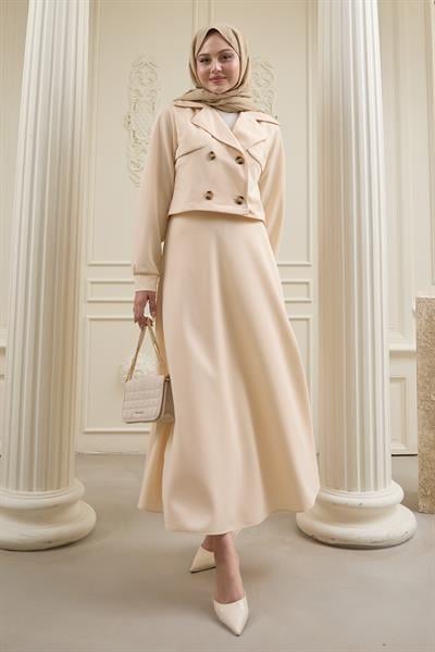 Kısa Bolerolu Etekli Krem Scuba Takım