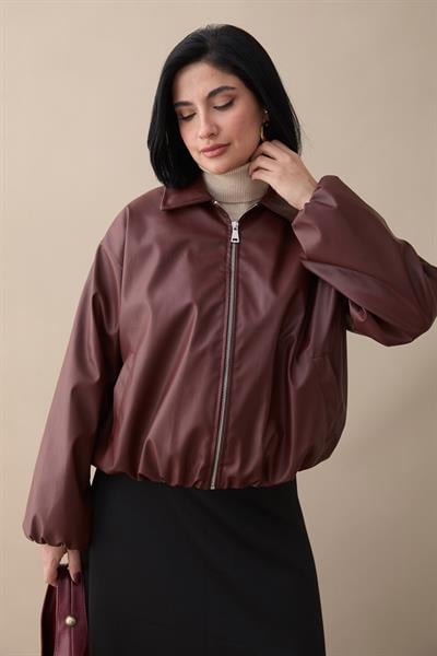 Kısa Deri Bomber Bordo Ceket