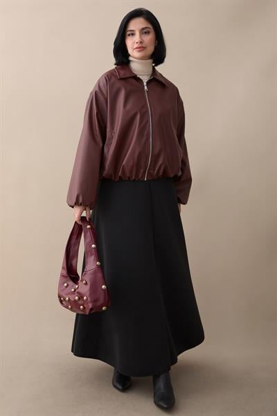 Kısa Deri Bomber Bordo Ceket