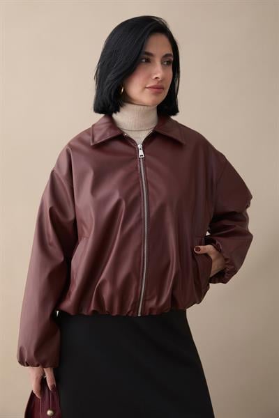 Kısa Deri Bomber Bordo Ceket