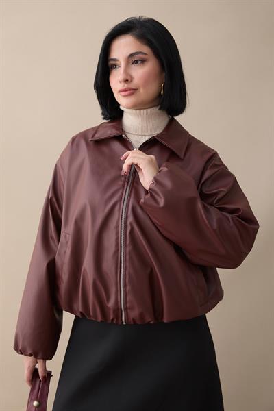Kısa Deri Bomber Bordo Ceket