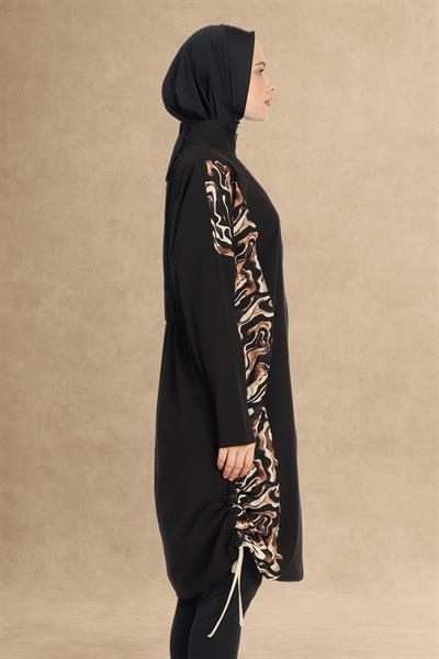 Kıvrımlı Desen Kapalı 4 Parça Siyah Tesettür Mayo 6218A