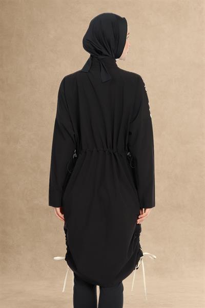 Kıvrımlı Desen Kapalı 4 Parça Siyah Tesettür Mayo 6218A