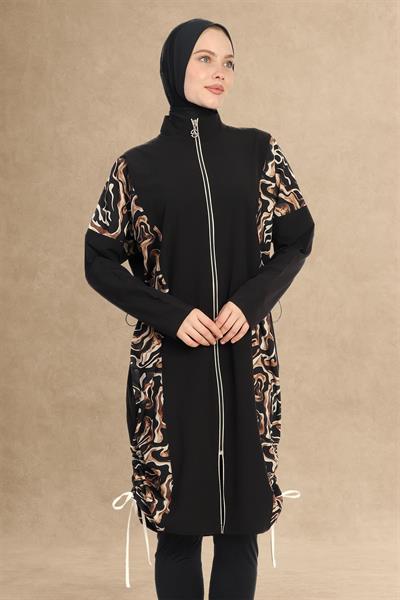 Kıvrımlı Desen Kapalı 4 Parça Siyah Tesettür Mayo 6218A