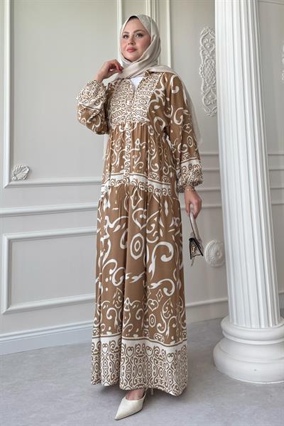 Kıvrımlı Sarmal Desen Camel Viskon Elbise