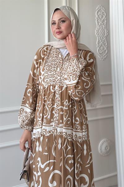 Kıvrımlı Sarmal Desen Camel Viskon Elbise