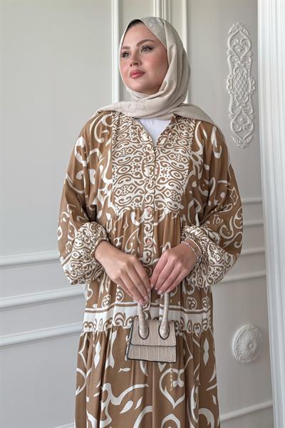Kıvrımlı Sarmal Desen Camel Viskon Elbise