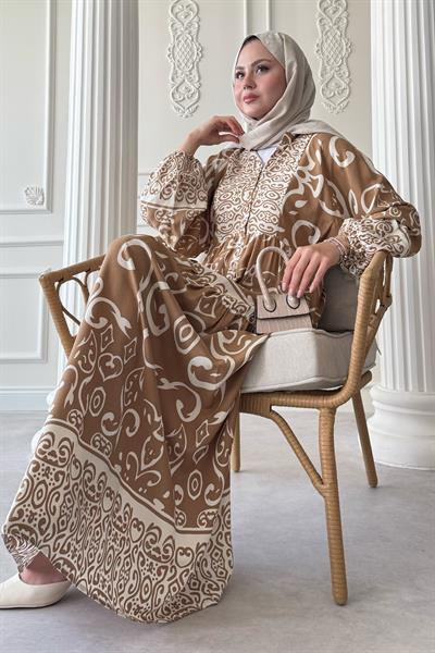 Kıvrımlı Sarmal Desen Camel Viskon Elbise