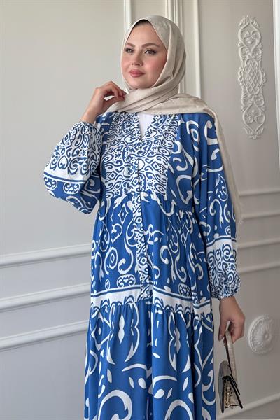 Kıvrımlı Sarmal Desen İndigo Viskon Elbise