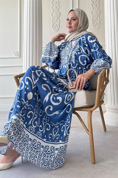 Kıvrımlı Sarmal Desen İndigo Viskon Elbise