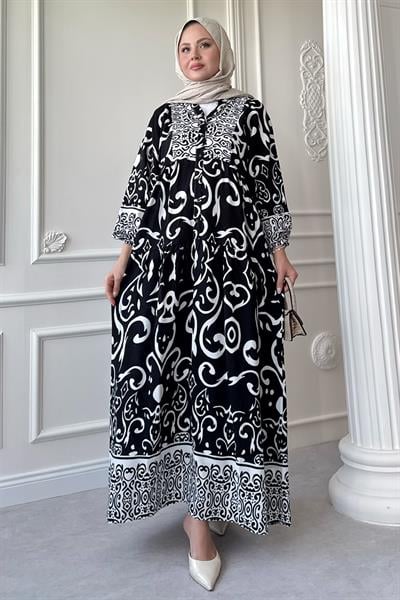 Kıvrımlı Sarmal Desen Siyah Viskon Elbise