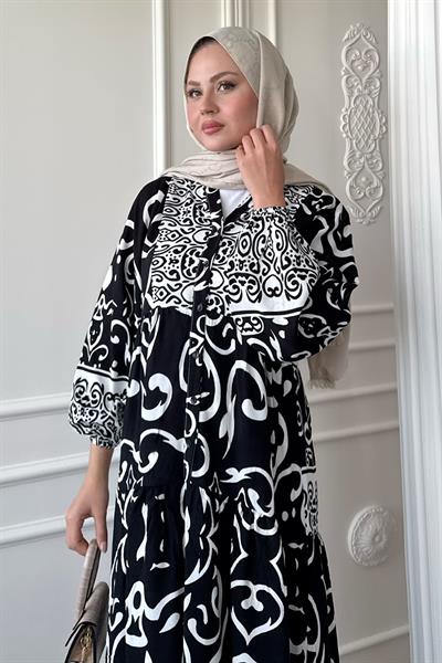 Kıvrımlı Sarmal Desen Siyah Viskon Elbise