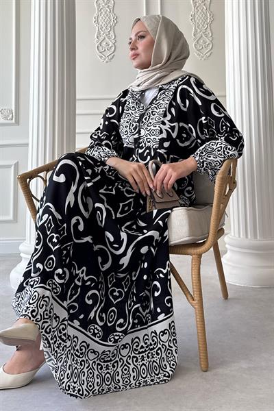 Kıvrımlı Sarmal Desen Siyah Viskon Elbise