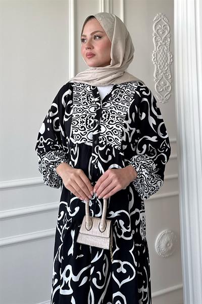 Kıvrımlı Sarmal Desen Siyah Viskon Elbise