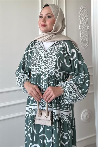 Kıvrımlı Sarmal Desen Yeşil Viskon Elbise