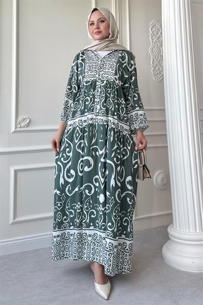 Kıvrımlı Sarmal Desen Yeşil Viskon Elbise