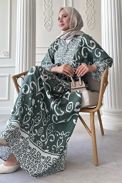 Kıvrımlı Sarmal Desen Yeşil Viskon Elbise