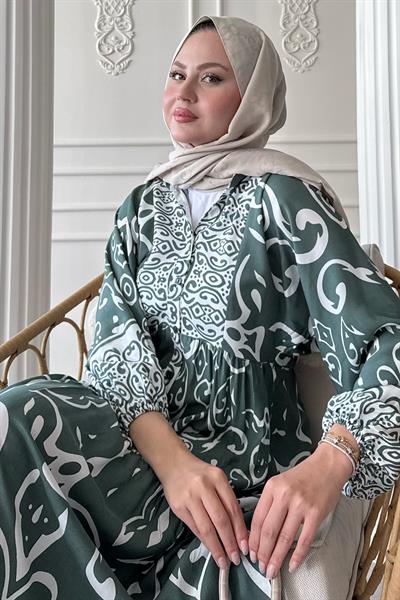 Kıvrımlı Sarmal Desen Yeşil Viskon Elbise